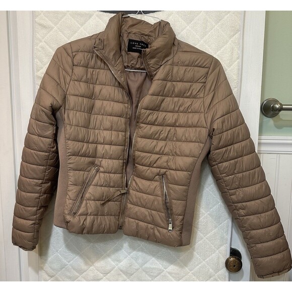 Love Tree Women’s Puffer Jacket Taupe Brown Gold Zippers Designer Look Size M - Picture 1 of 5